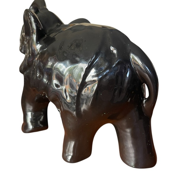 Vtg Ceramic Black Elephant Figurine Glossy Trunk Up Good Luck Prosperity MCM - Picture 3 of 5